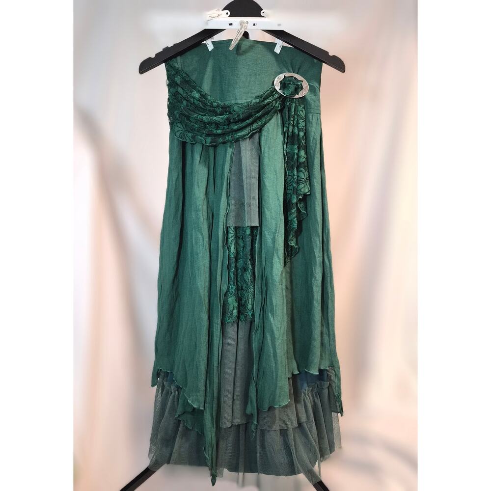 Pretty Angel Boho Lagenlook Linen Blend Teal/Green Maxi Skirt Size Small